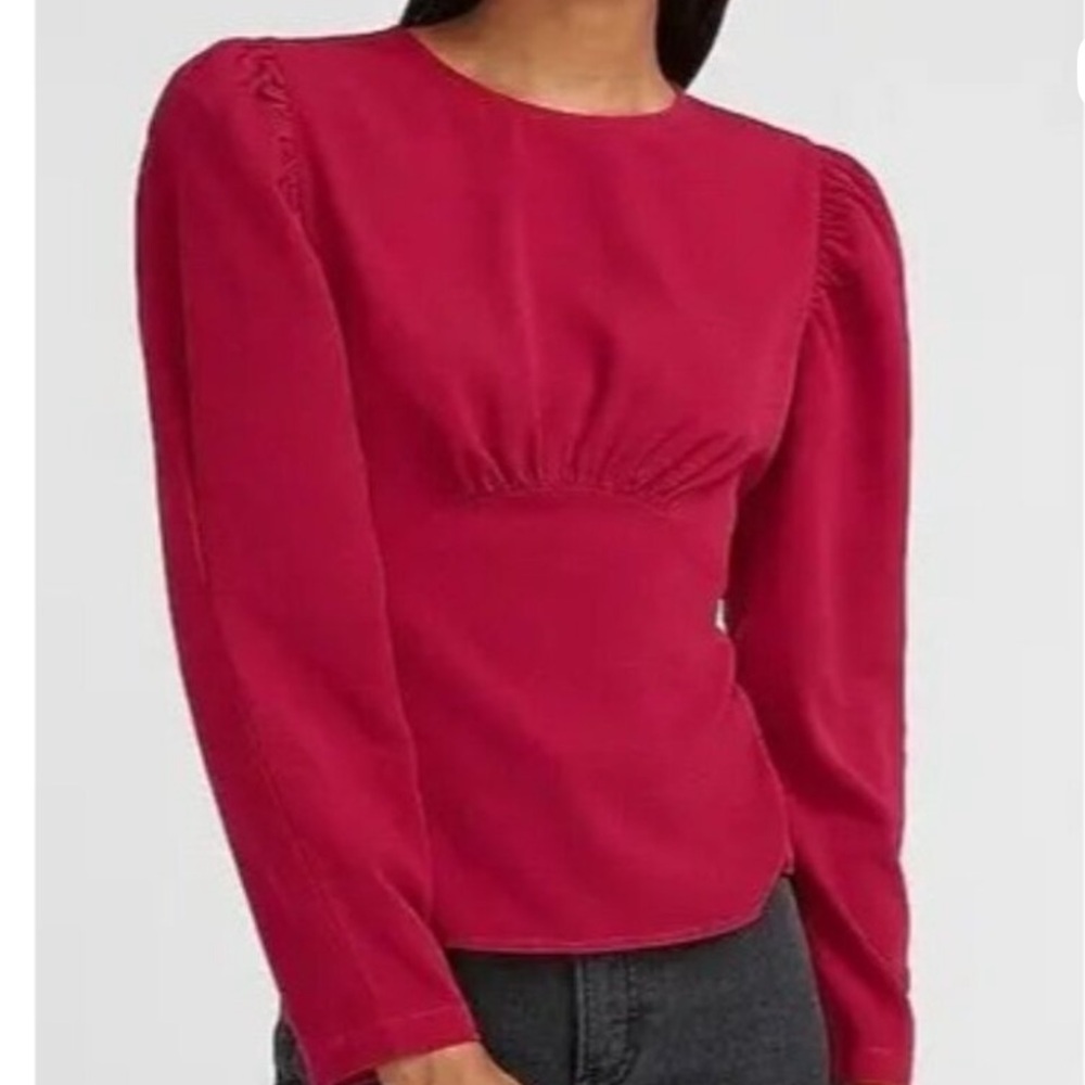 Express Raspberry Puff Sleeve Keyhole Back Blouse